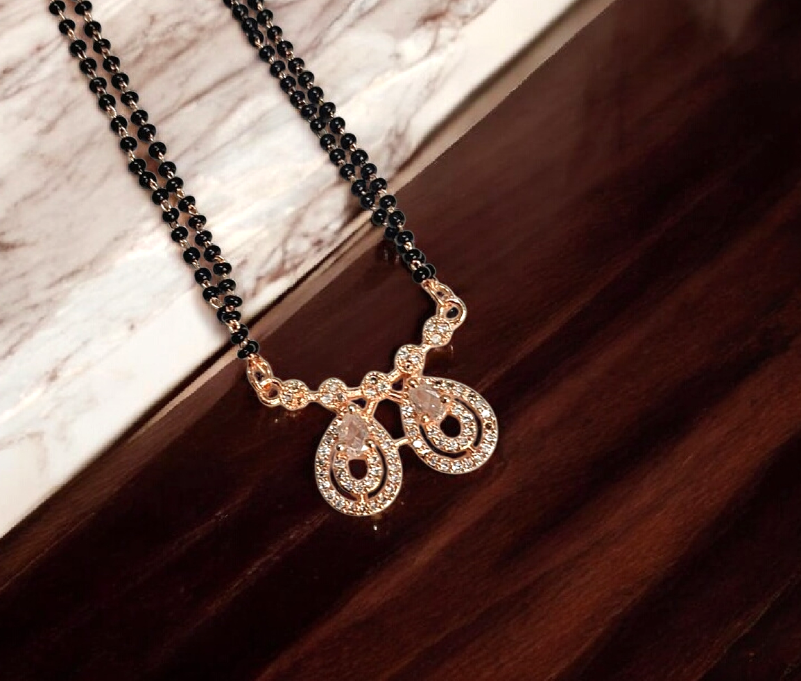 Darshi Teardrop Glow - rose gold short mangalsutra with twin teardrop crystal pendant and black bead chain, elegant everyday mangalsutra