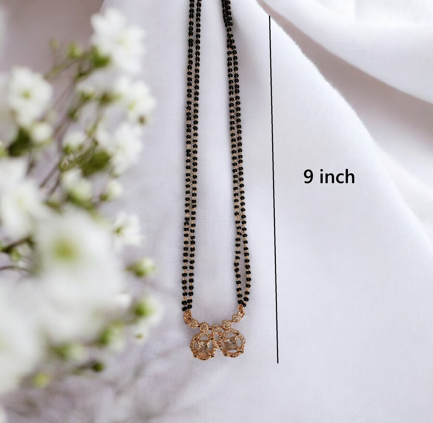 Darshi Twin Bloom – Rose Gold Short Mangalsutra with twin crystal pendant and black bead chain, minimalist daily wear design