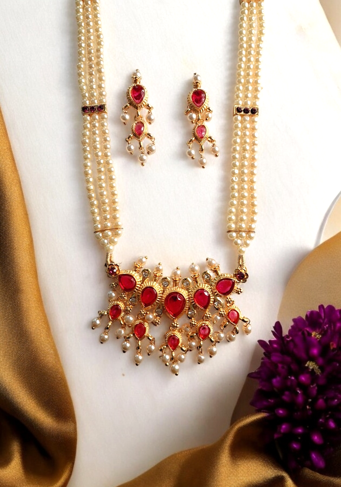 Devangi pink stone long tanmani set