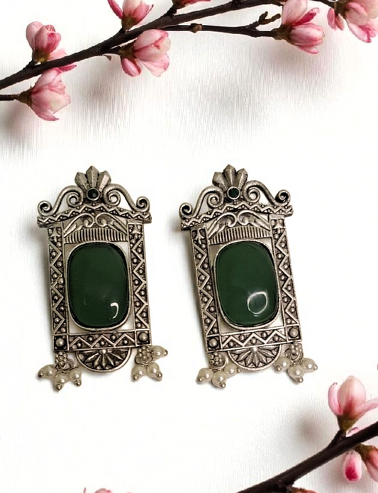 Dharini green stone oxidised studs - premium affordable earrings