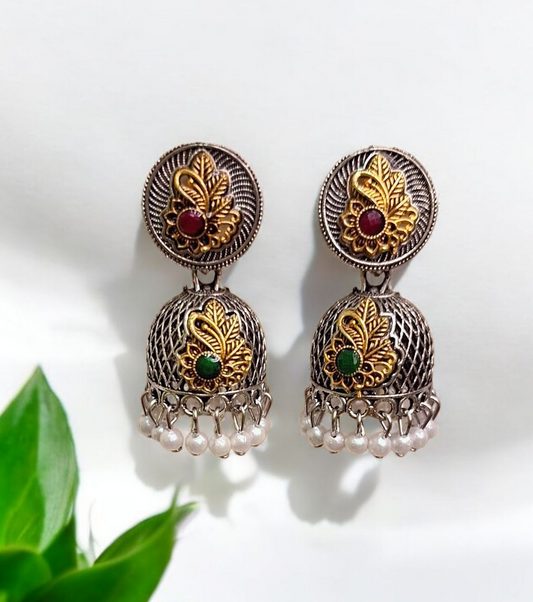 Dual Tone Oxidised Jhumka light weigh with silver and golden intricate design