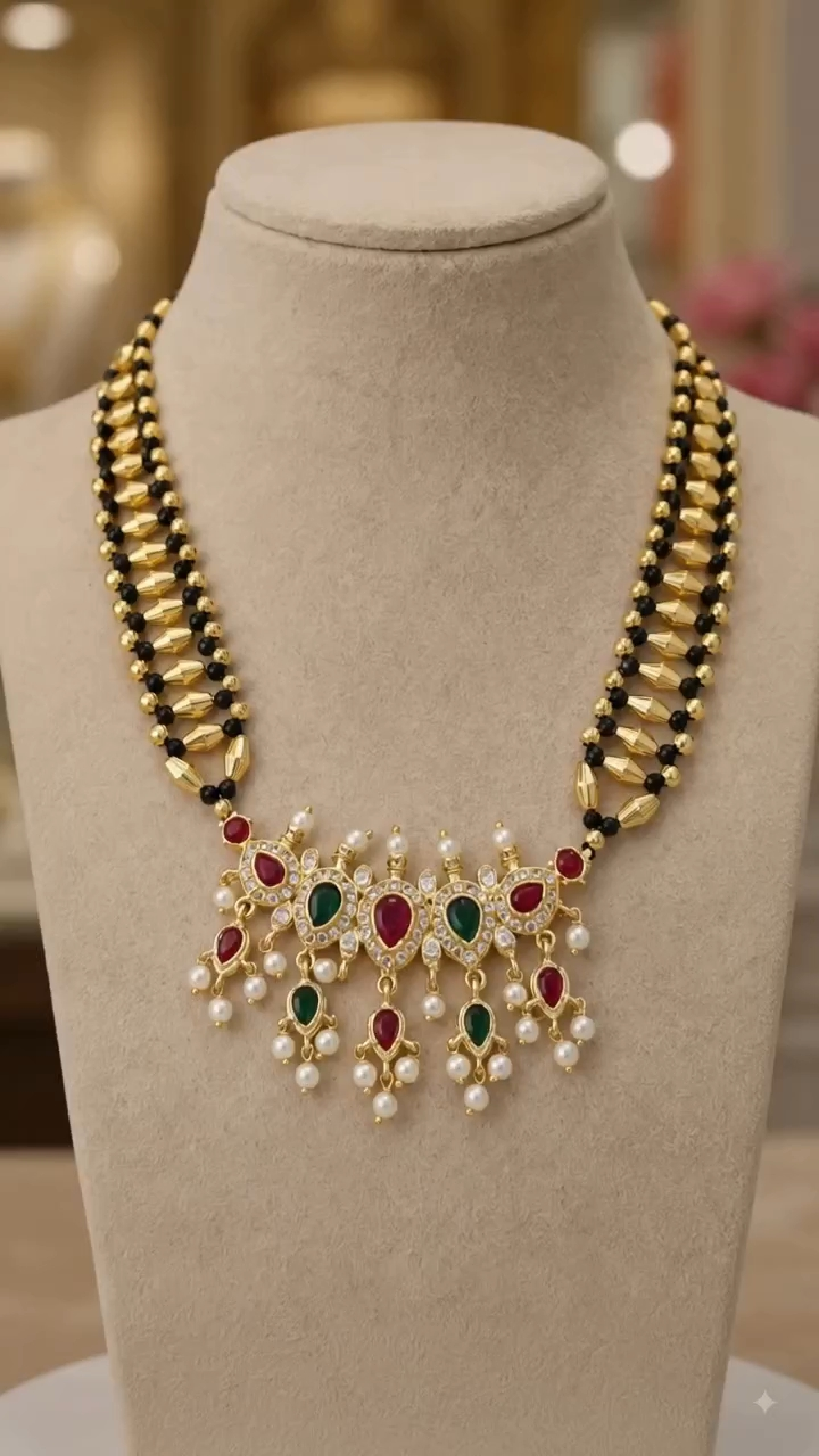 A gold-plated statement necklace displayed on a beige jewelry bust. The necklace features a multi-strand design with gold and black beads, a central gold collar decorated with red and green stones, and dangling pearl-like accents.