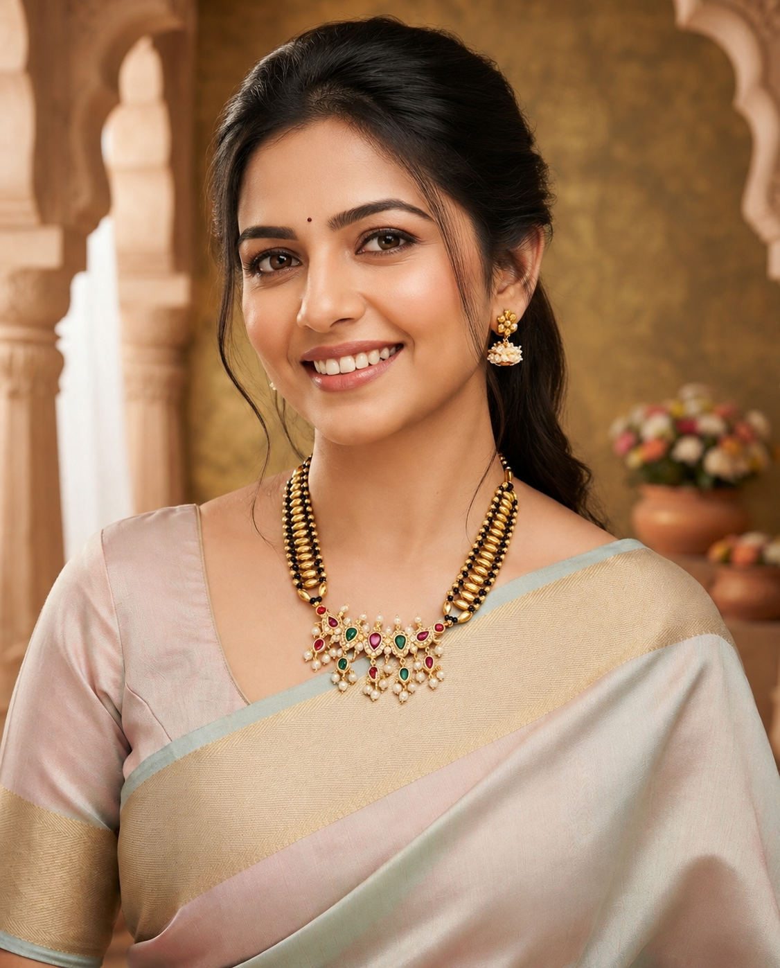 A woman wearing a traditional Indian saree in pale pink, beige, and light blue, styled with a gold and red floral statement necklace and matching earrings, set against a warm architectural background.