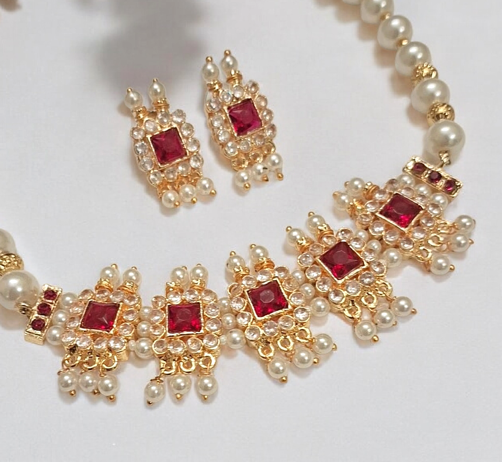 Gaurika pearl Choker Necklace set with ruby red stones, handmade traditional maharashtrian jewelry set for women