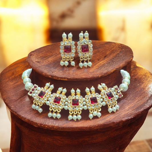 Gaurika pearl Choker Necklace set with ruby red stones, handmade traditional maharashtrian jewelry set for women