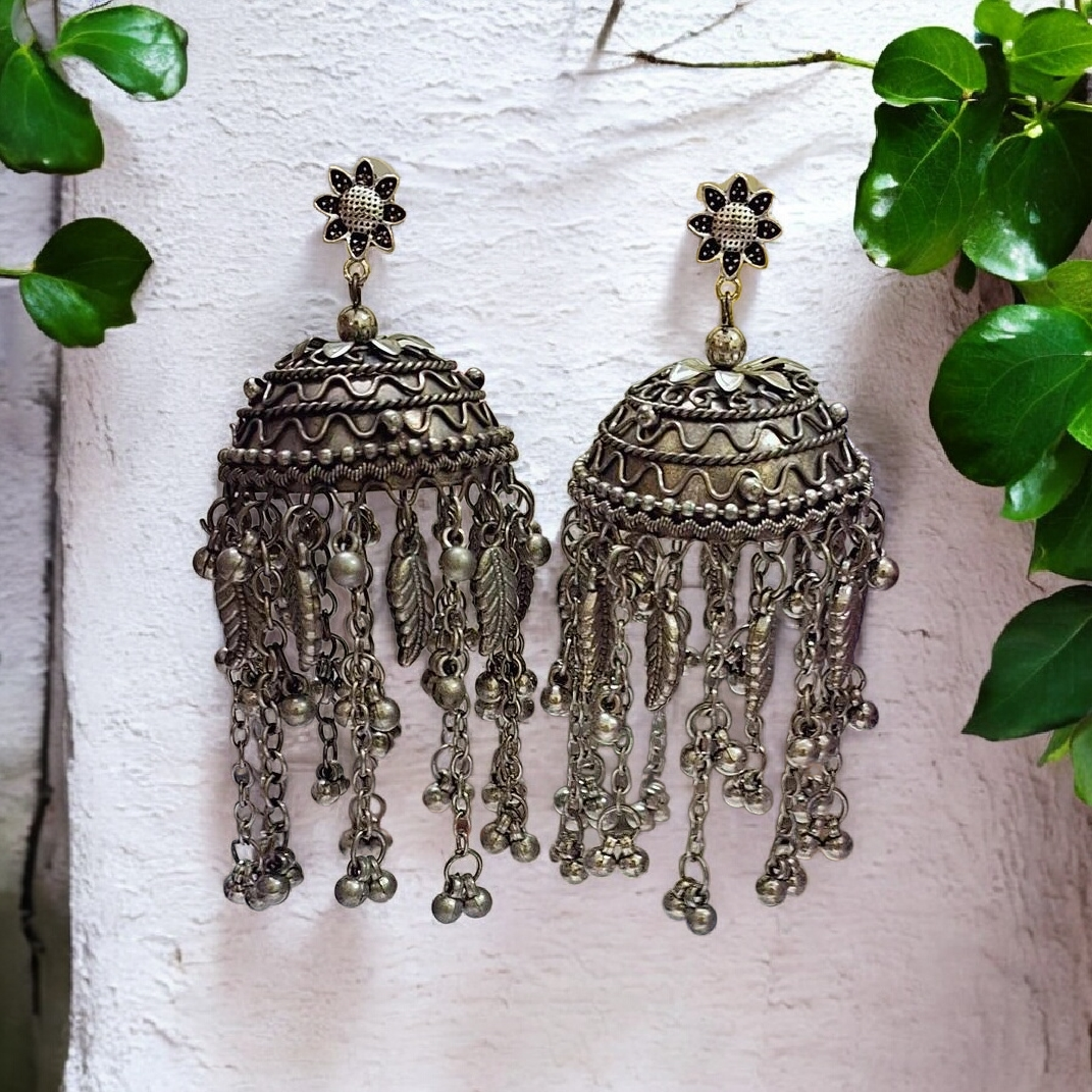 Big silver oxidised jhuma earrings, handmade ethnic jewellery fro women in India