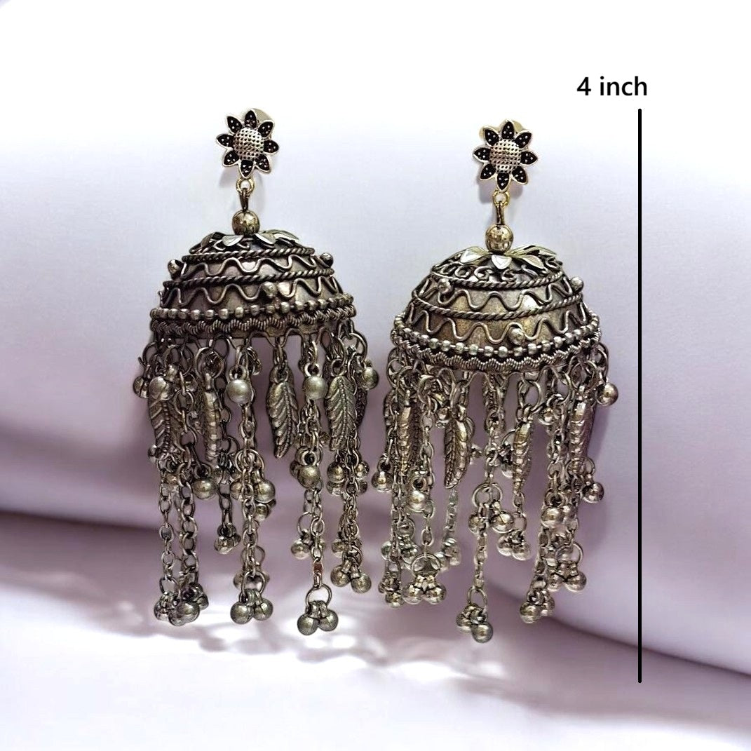 Big silver oxidised jhuma earrings, handmade ethnic jewellery fro women in India