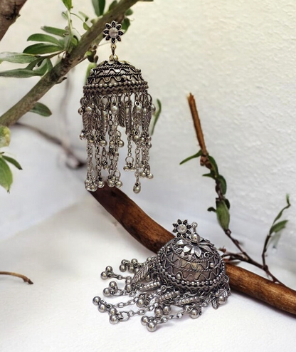 Big silver oxidised jhuma earrings, handmade ethnic jewellery fro women in India