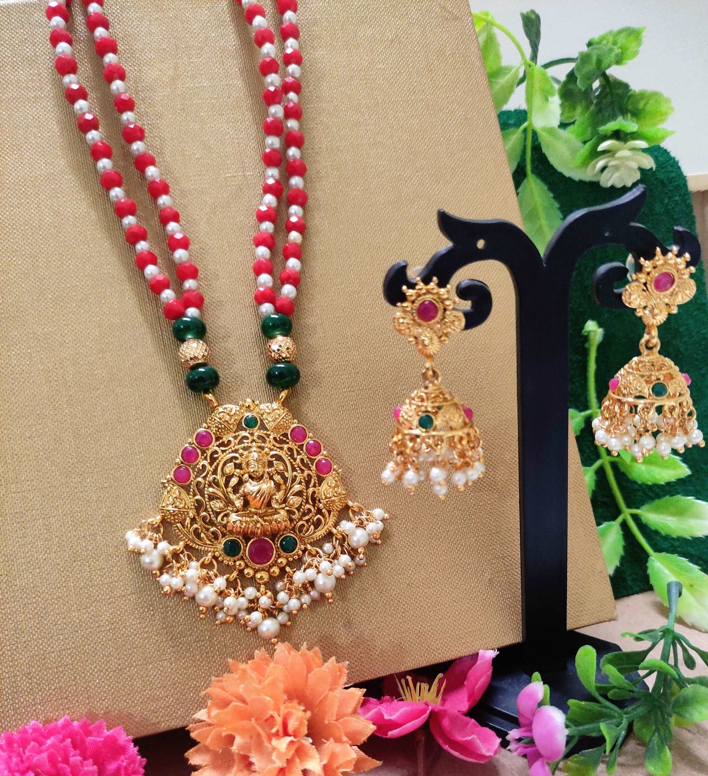 Arini gold plated red beaded necklace set