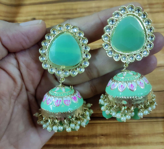 Adah pista green kundan jhumka