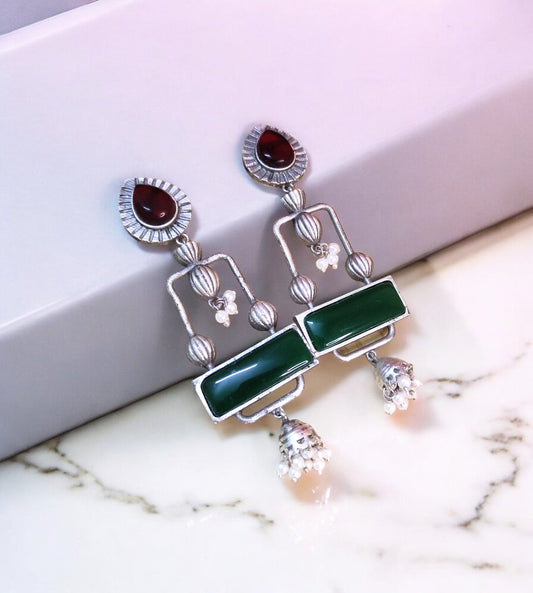 Pakhi maroon and green oxidised danglers