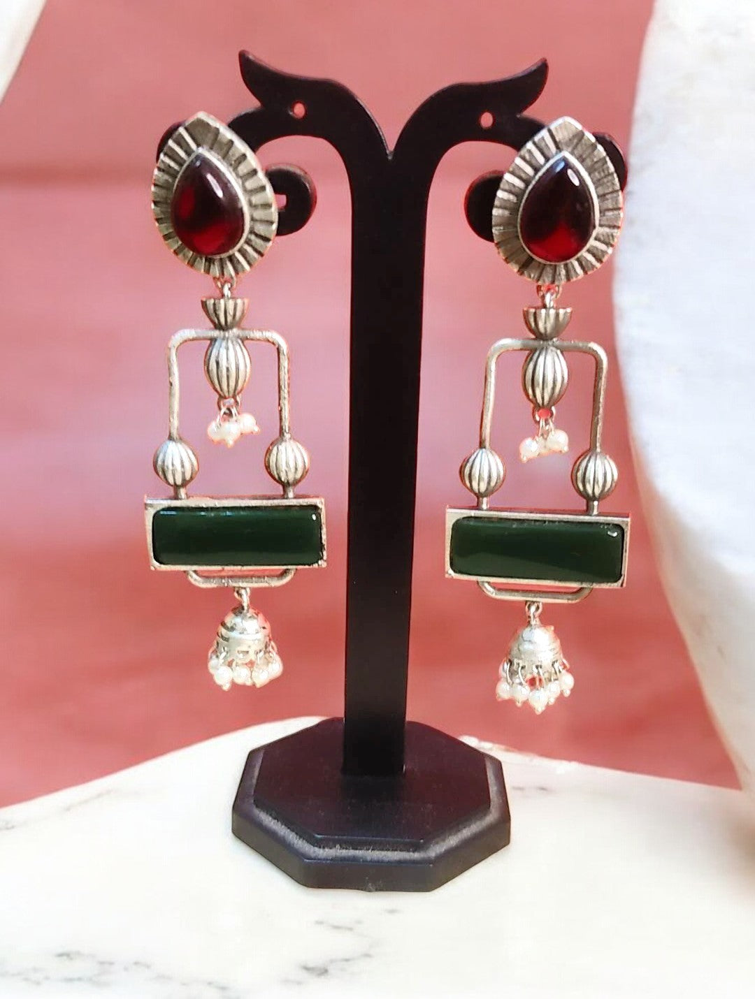 Pakhi maroon and green oxidised danglers