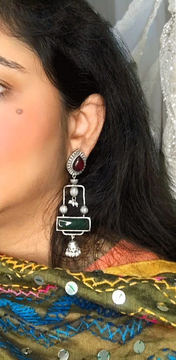 Pakhi maroon and green oxidised danglers