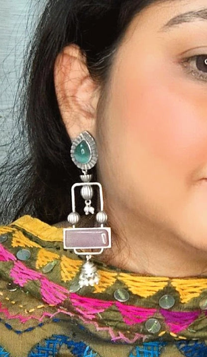 Pakhi Green and Pink Oxidised Danglers