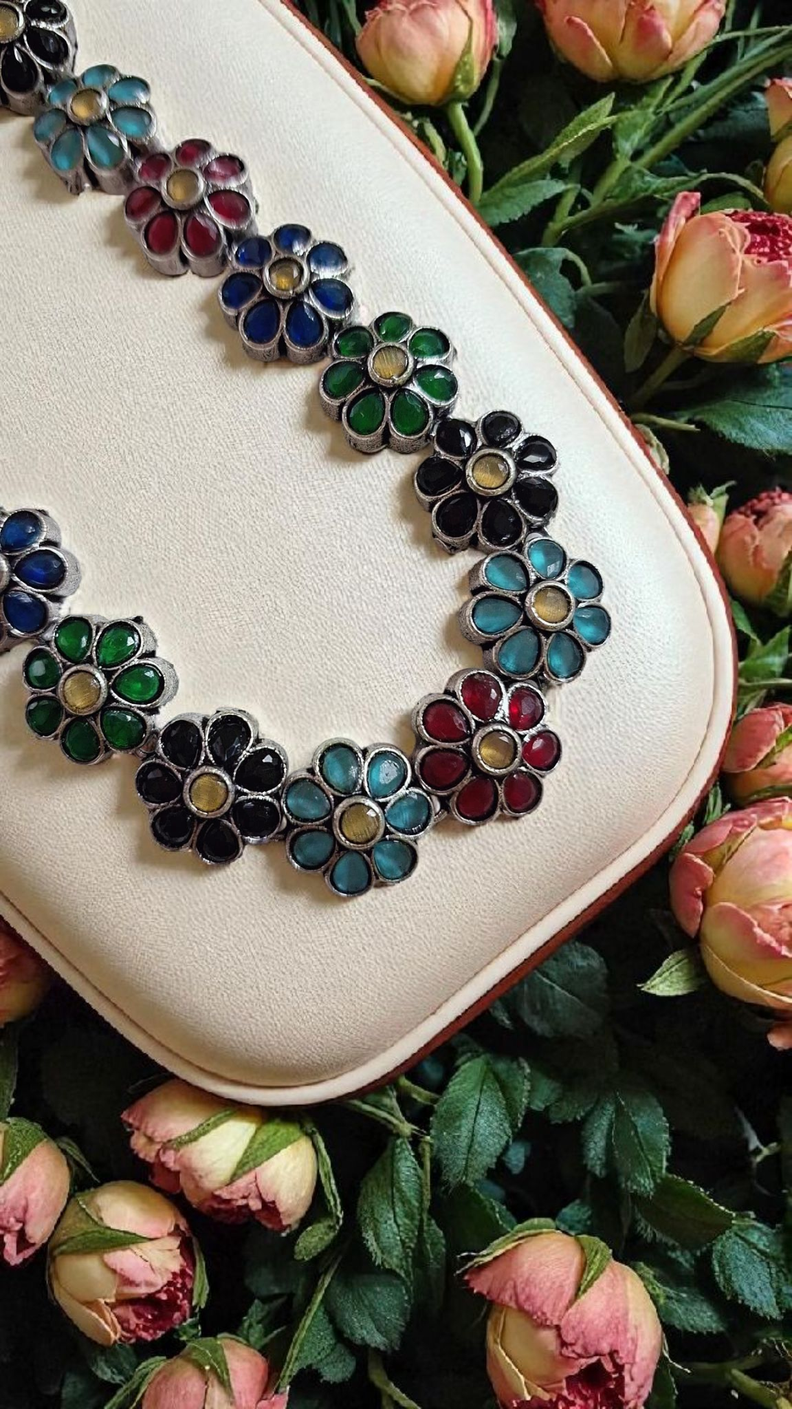 Navpushpa Multicolor Silver Oxidised Necklace Set