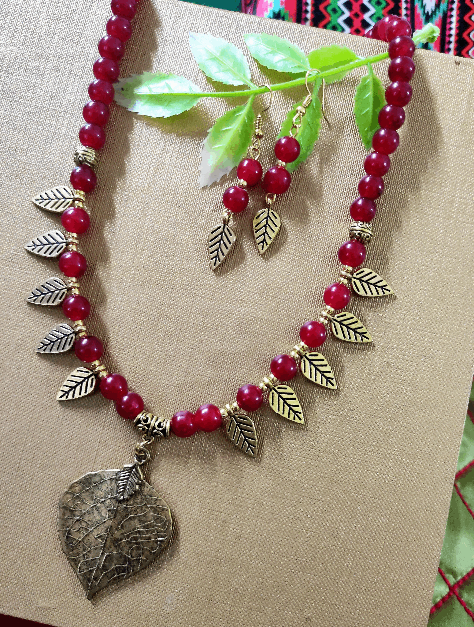 Ira maroon beaded oxidised necklace set