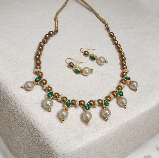 Ishwari Green Stone Pearl Drop Copper Choker Necklace Set with Earrings I Pearl drop nrcklace, handmade ethnic jewelry from India