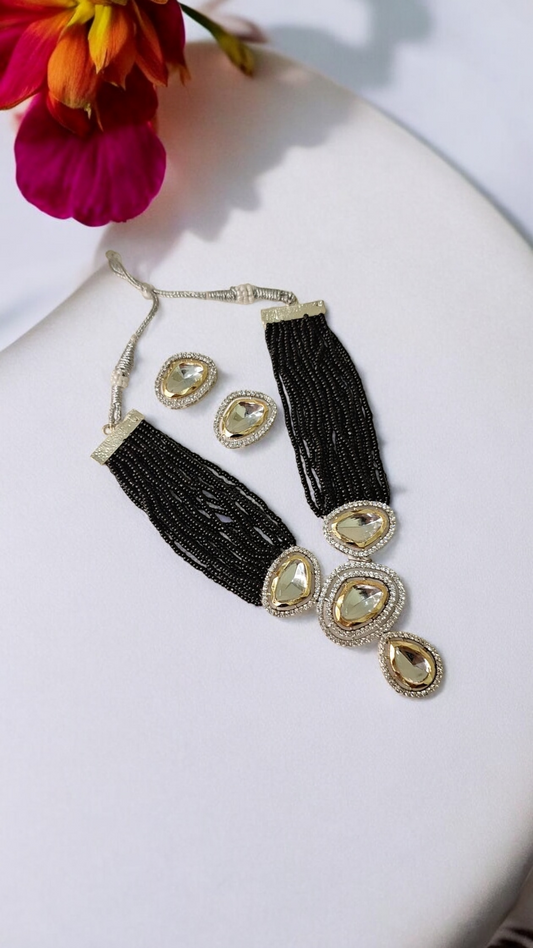 Jagvi Black Beaded Necklace Set