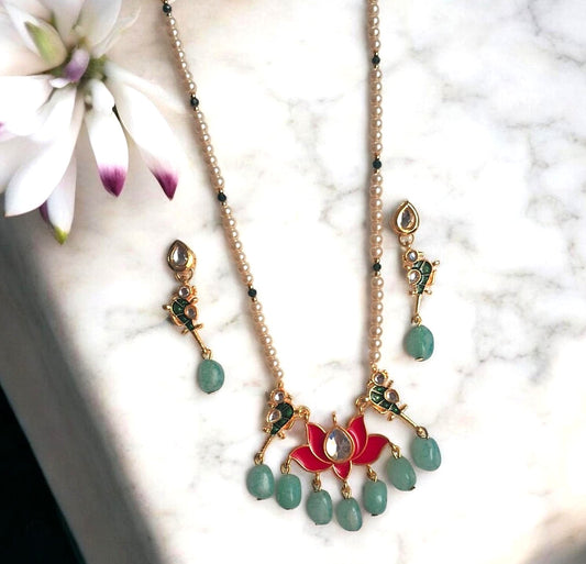 Kairav Blush Beaded Lotus Necklace Set