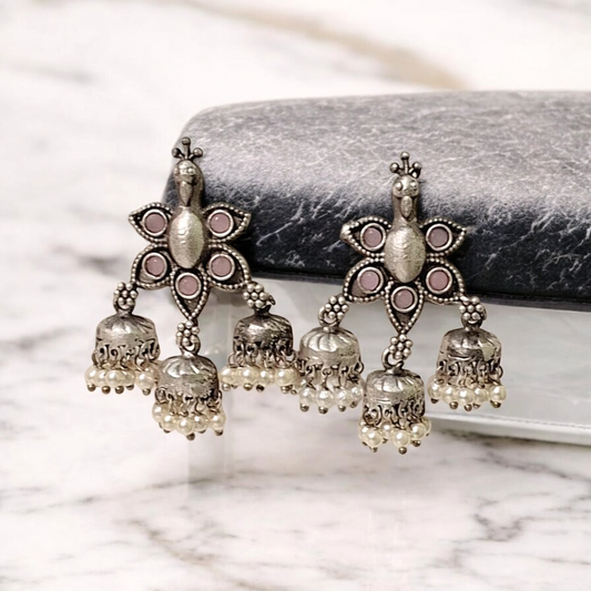 Kalapi Pink Stone Oxidised Jhumka