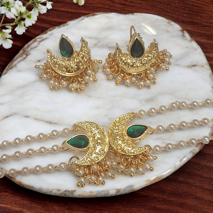 Handmade gold chandbali choker necklace set with green stones and pearl detailing for women in India