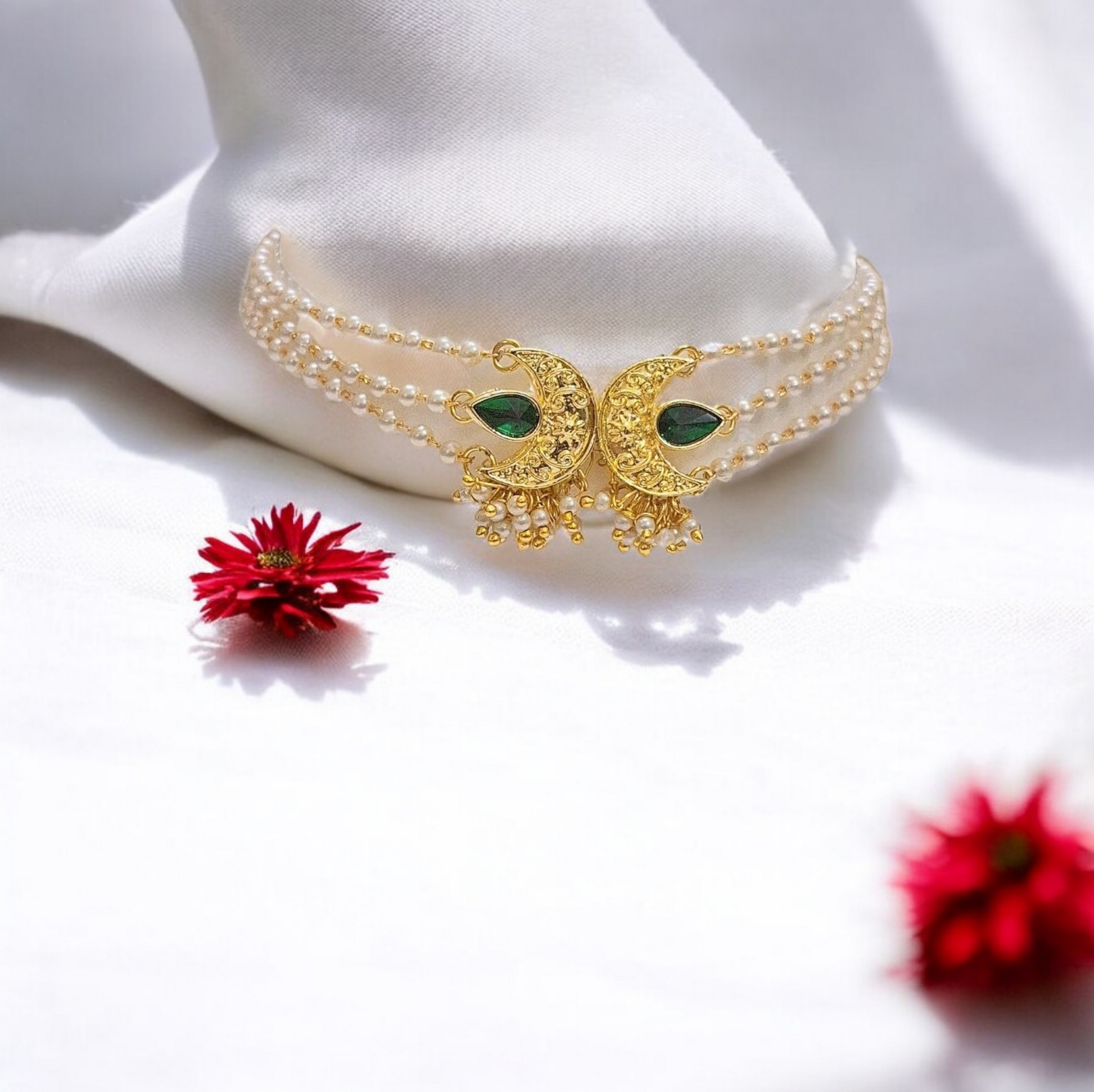 Handmade gold chandbali choker necklace set with green stones and pearl detailing for women in India