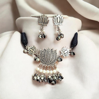 Lotus Charm Silver Oxidised Choker set
