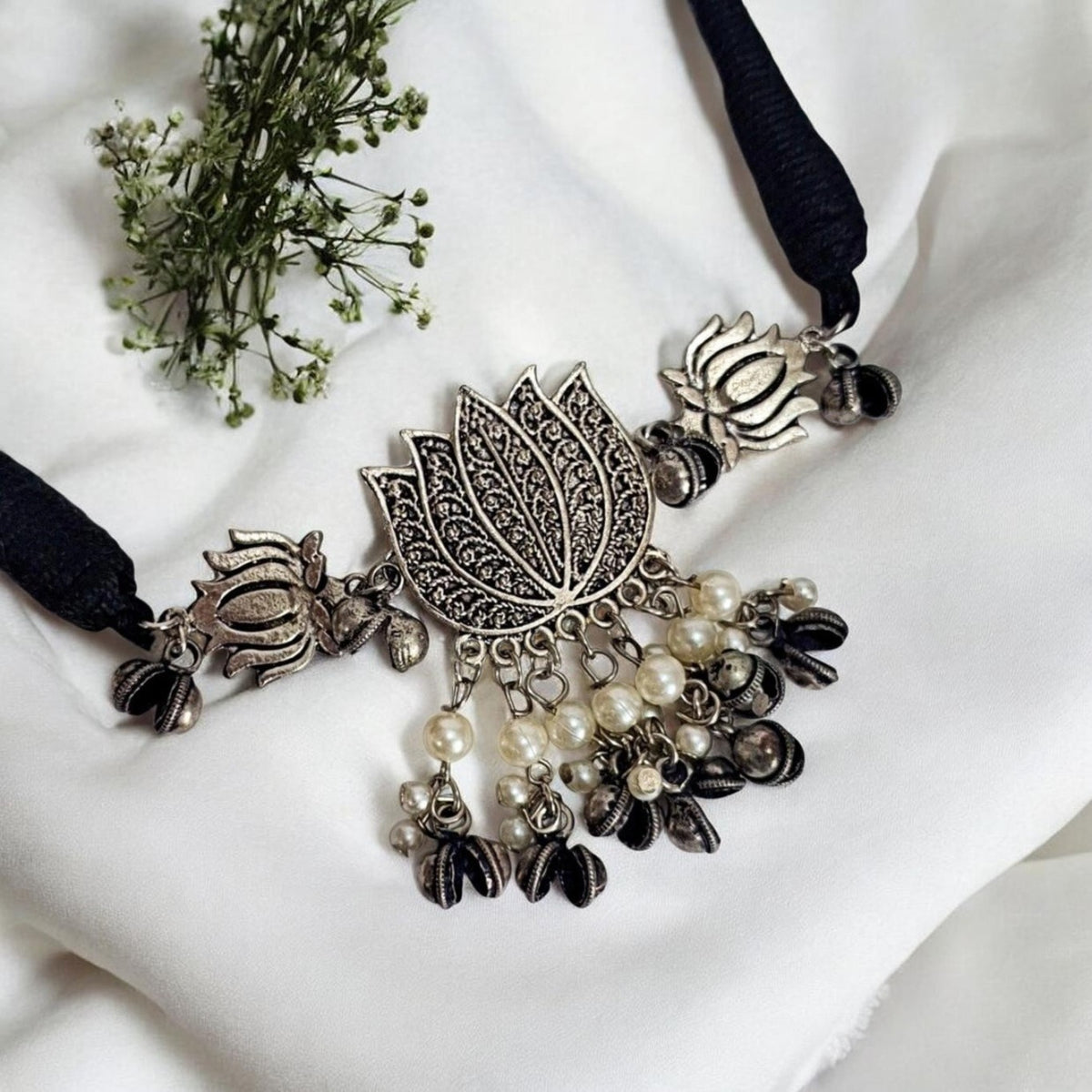 Lotus Charm Silver Oxidised Choker set