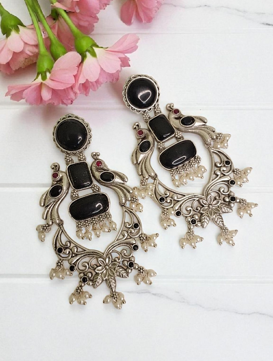 Maura black stone oxidised danglers - premium affordable earrings