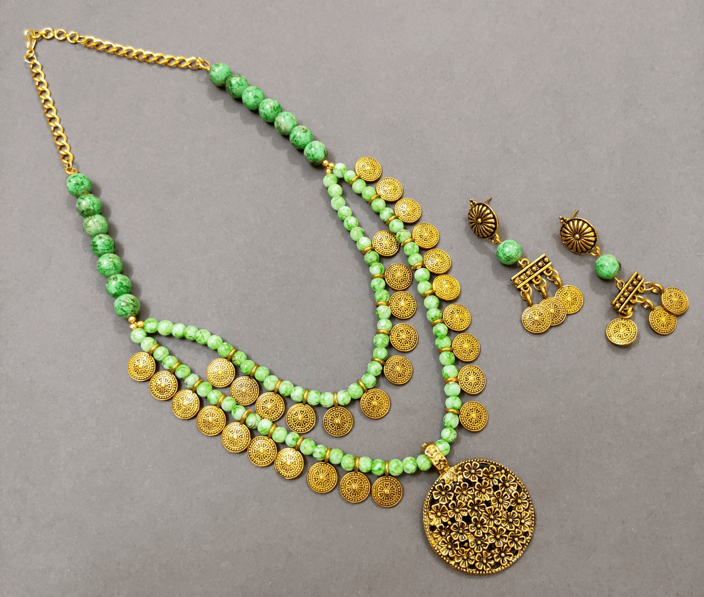 Maya green beaded oxidised necklace set