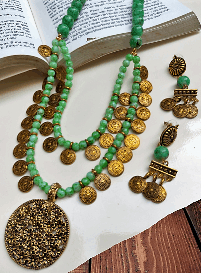 Maya green beaded oxidised necklace set