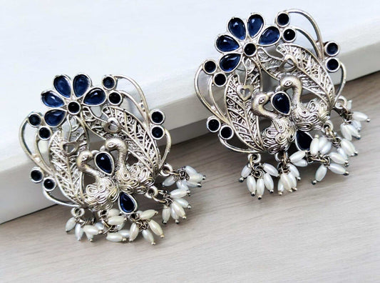 Mayurika blue stone oxidized studs - peacock oxidized designer light weight ear studs for women