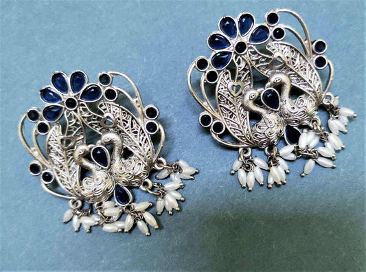 Mayurika blue stone oxidized studs - peacock oxidized designer light weight ear studs for women