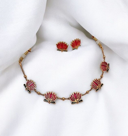 Miraya Bloom gold plated lotus necklace set