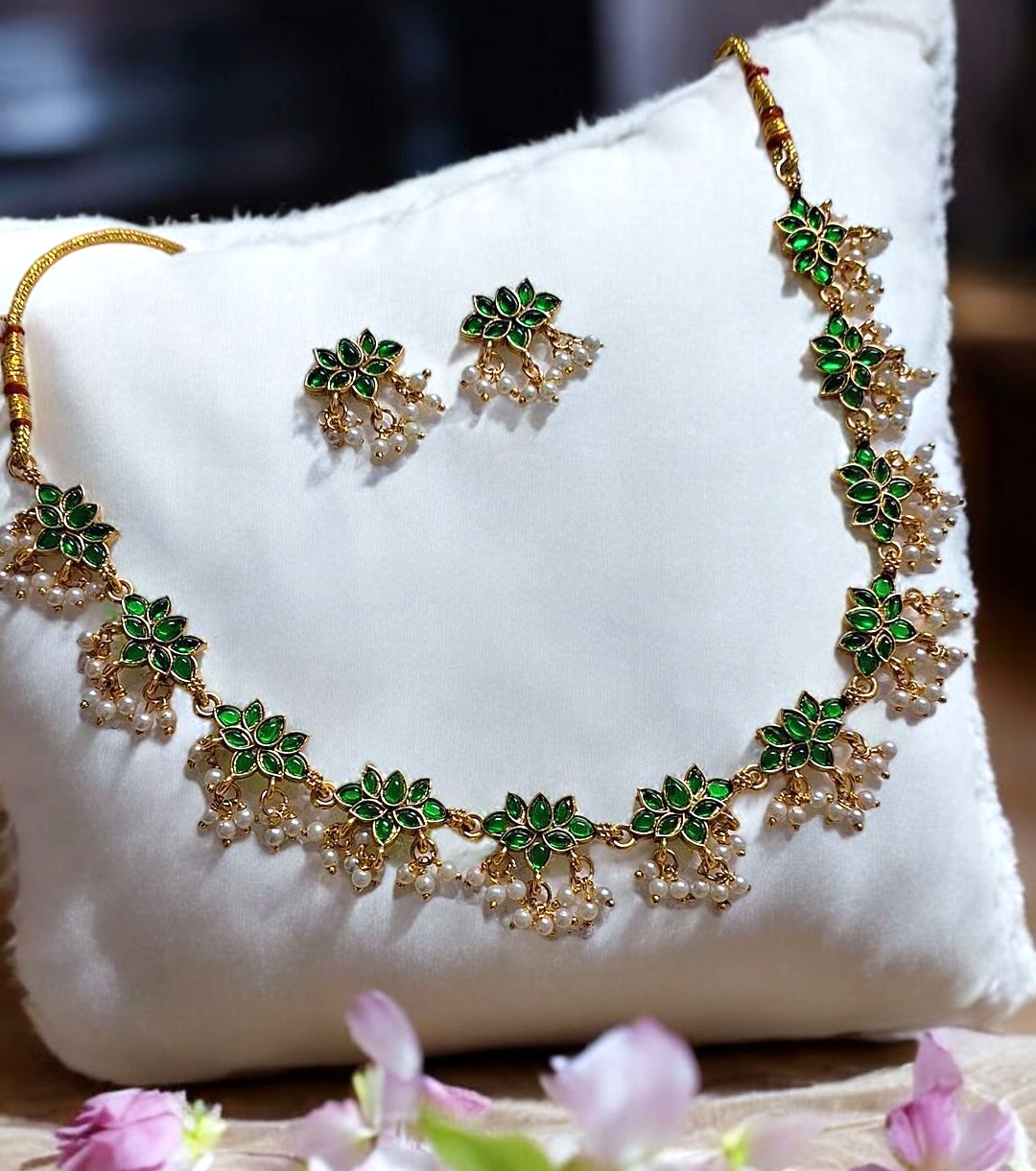 Miraya Vanya Gold Plated Green Lotus Necklace Set
