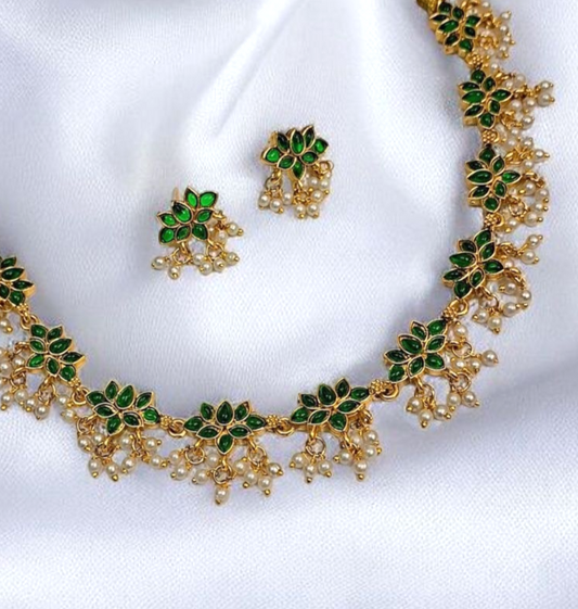 Miraya Vanya Gold Plated Green Lotus Necklace Set