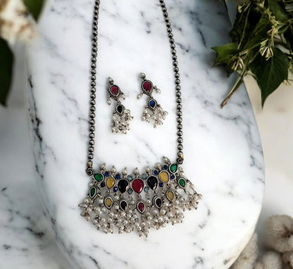 Mugdha Multicolor Stone Silver Oxidised Tanmani set