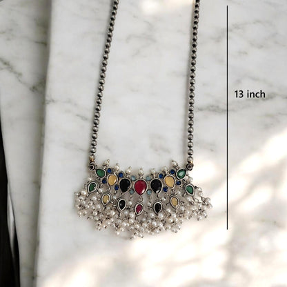 Mugdha Multicolor Stone Silver Oxidised Tanmani set