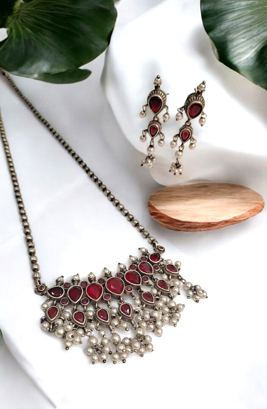 Mugdha Red Stone Silver Oxidised Tanmani set