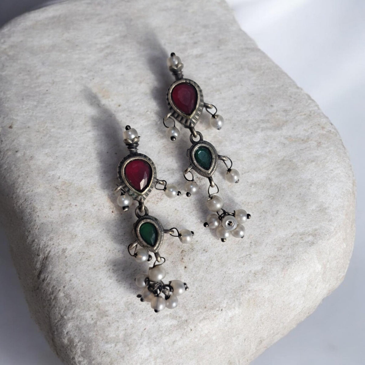 Mugdha Green and Red Stone Silver Oxidised Tanmani set