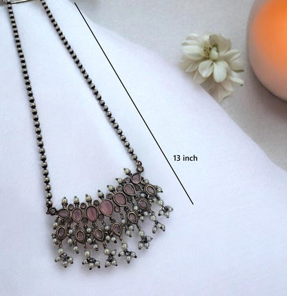Mugdha Oxidised Pink Stone Tanmani Necklace Set close-up – handmade antique silver ethnic jewellery IndiAura Mode