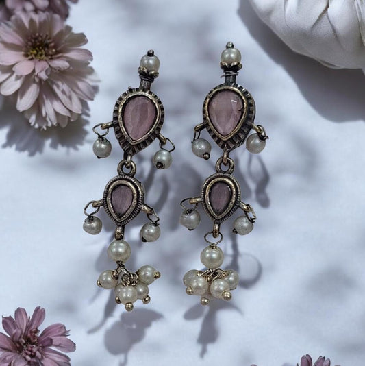 Oxidised pink stone tanmani necklace with pearl drops and matching earrings – traditional ethnic jewellery India