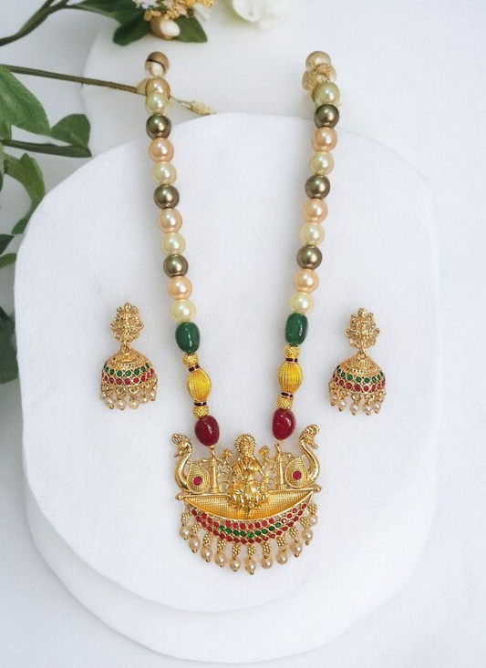 Gold plated traditional pearl Godess Laxmi pendent handmade premiun necklace set at affordable price
