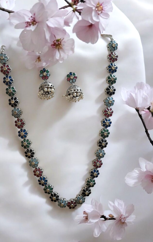 Navpushpa Multicolor Silver Oxidised Necklace Set