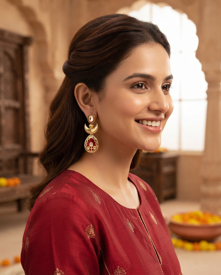 Parnasi Red Kundan-Inspired Gold-Plated Drop Earrings