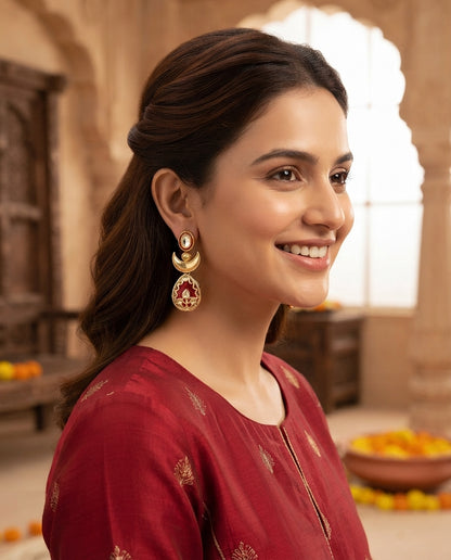 Parnasi Red Kundan-Inspired Gold-Plated Drop Earrings