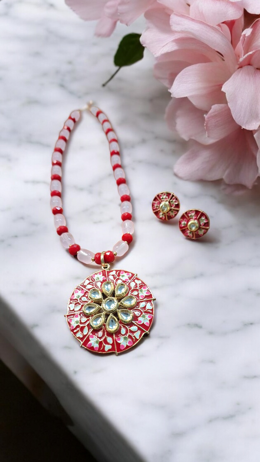 Pranvi Pink meenakari pendent and bead necklace set