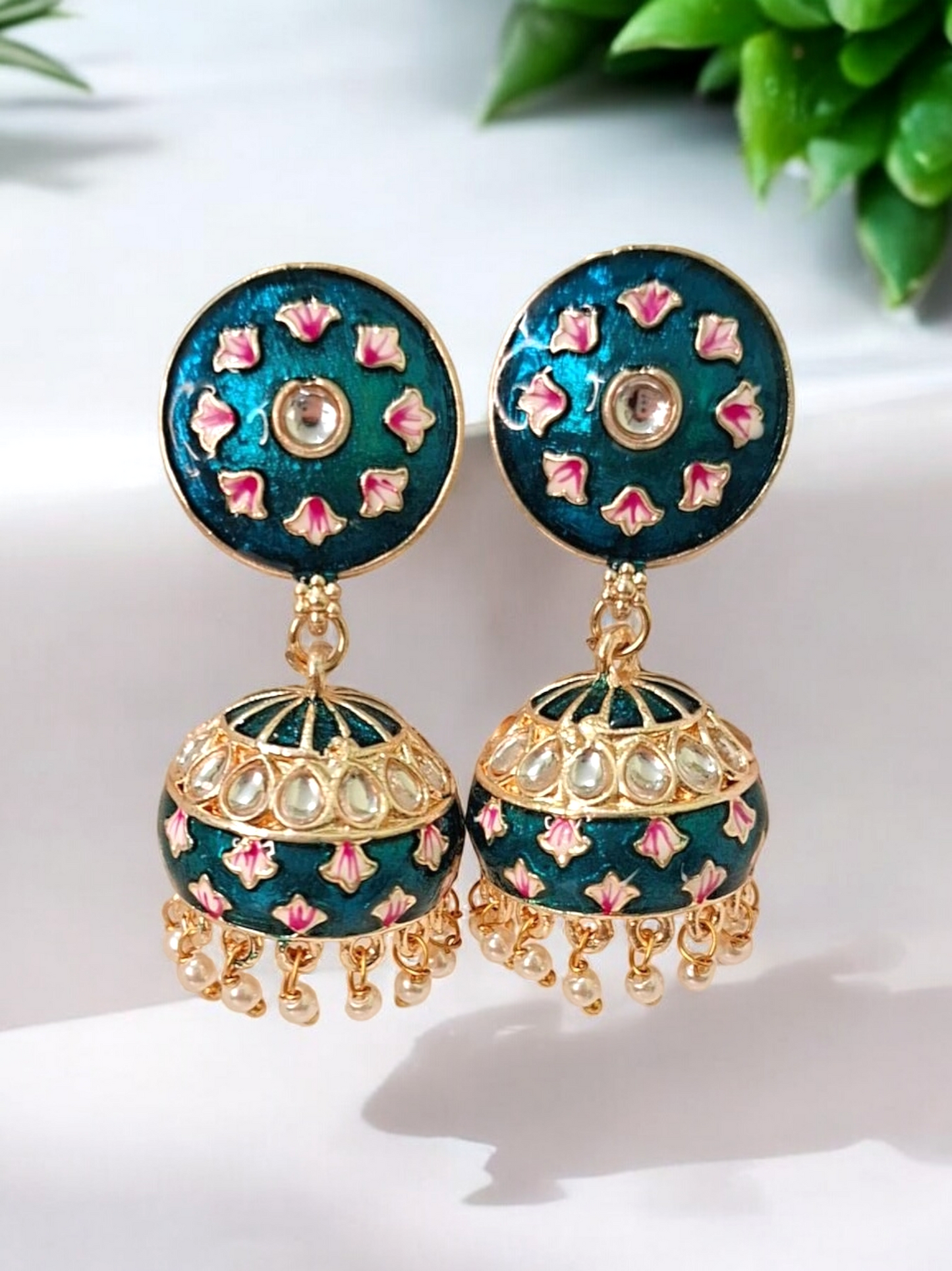 Inali green meenakari jhumka