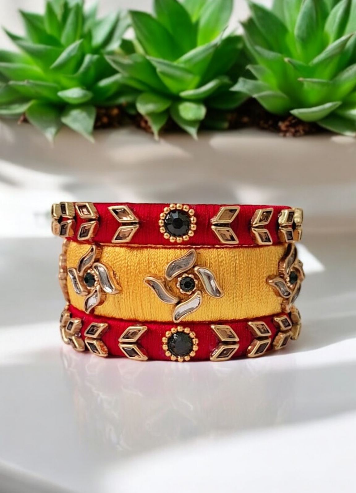 Preet Yellow and Red Silk thread bangle set