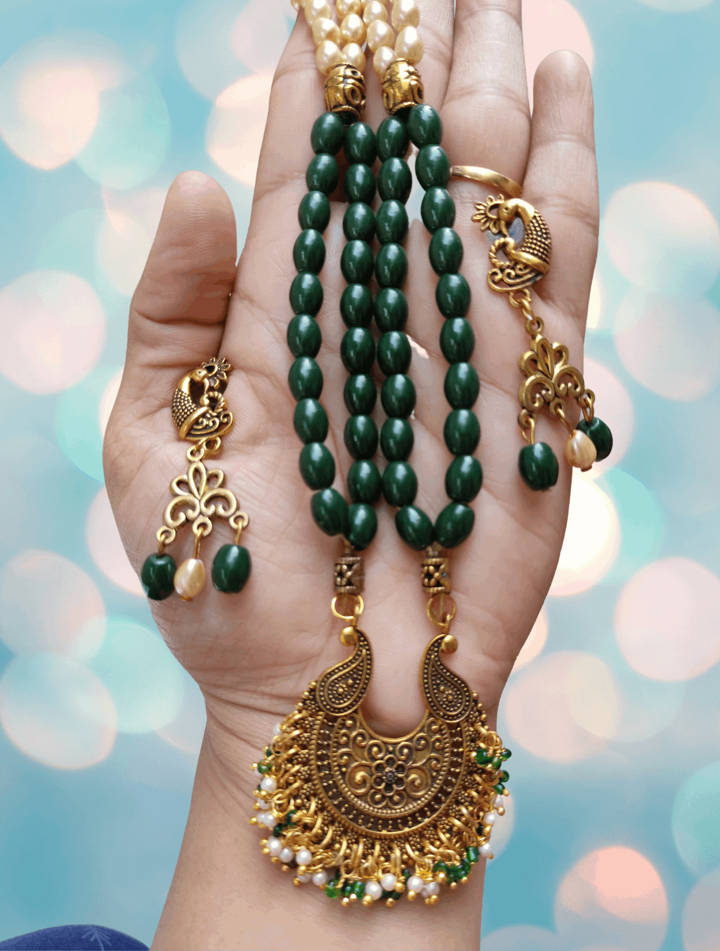 Ramya green beaded oxidised necklace set